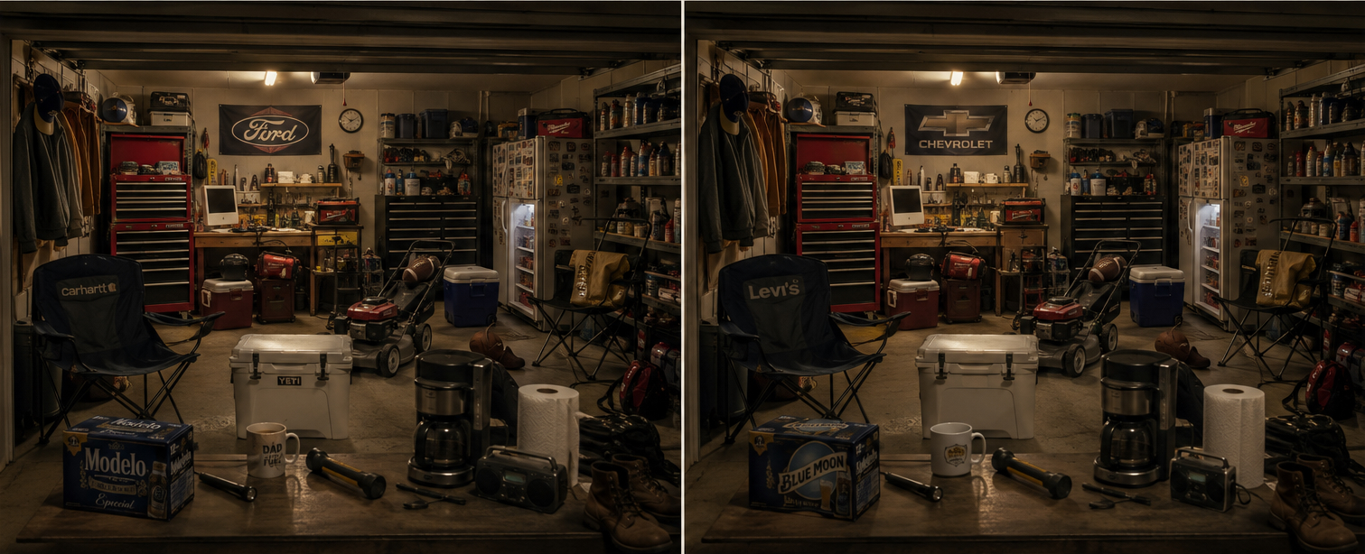 Two nearly identical garage scenes side by side, with small differences between them