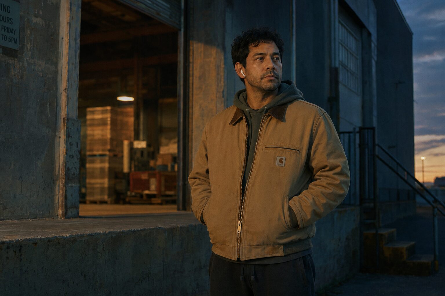 A man in a Carhartt jacket stands outside an industrial loading dock at dusk.